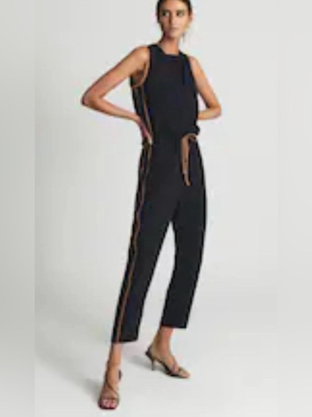 Reiss Navy Sleeveless Jumpsuit with Tan Side Stripe Size 2 NWT